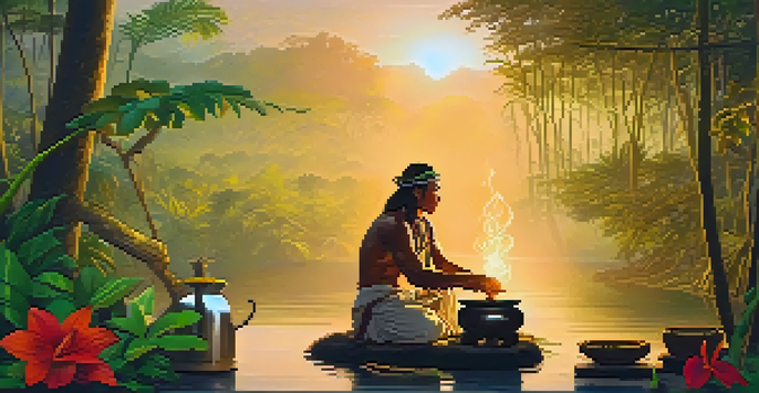 A shaman preparing Ayahuasca brew in a misty Amazon rainforest at dawn, surrounded by lush greenery and colorful flowers.