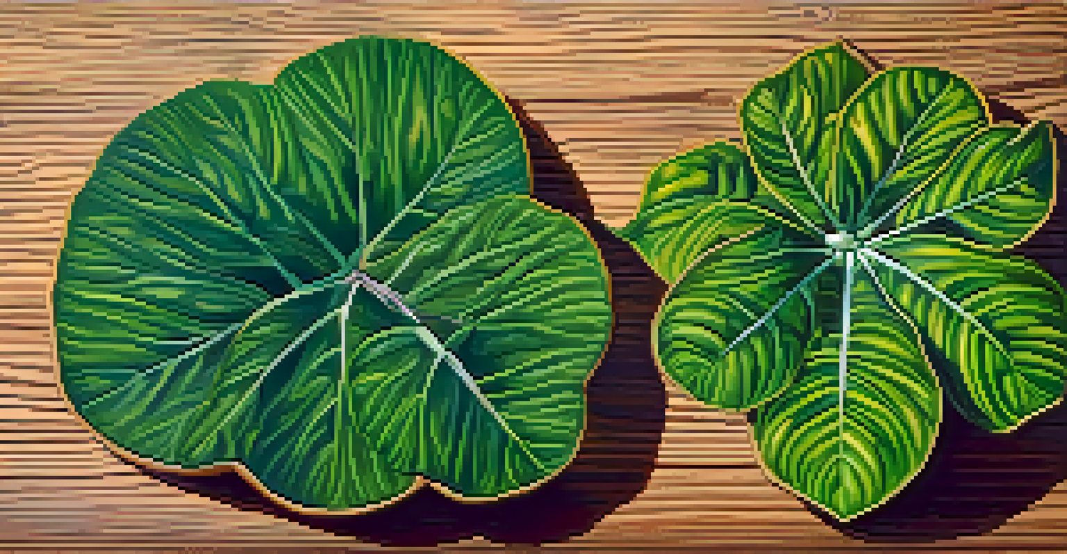 A close-up of Banisteriopsis caapi and Psychotria viridis plants on a wooden surface, showcasing their colorful leaves under natural lighting.