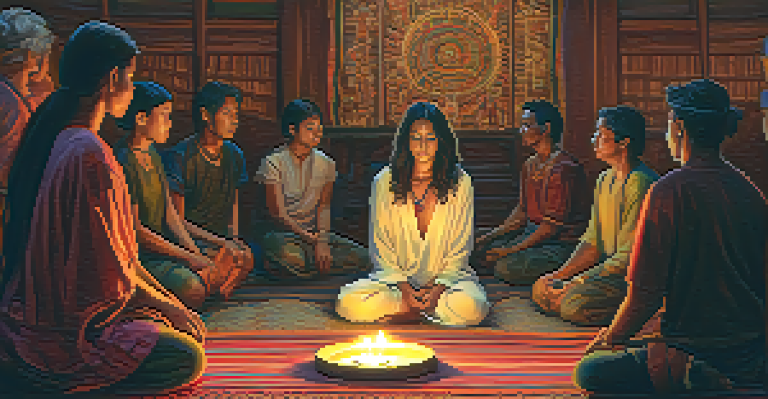 A participant in an ayahuasca ceremony, expressing deep emotions, surrounded by candlelight and supportive community.