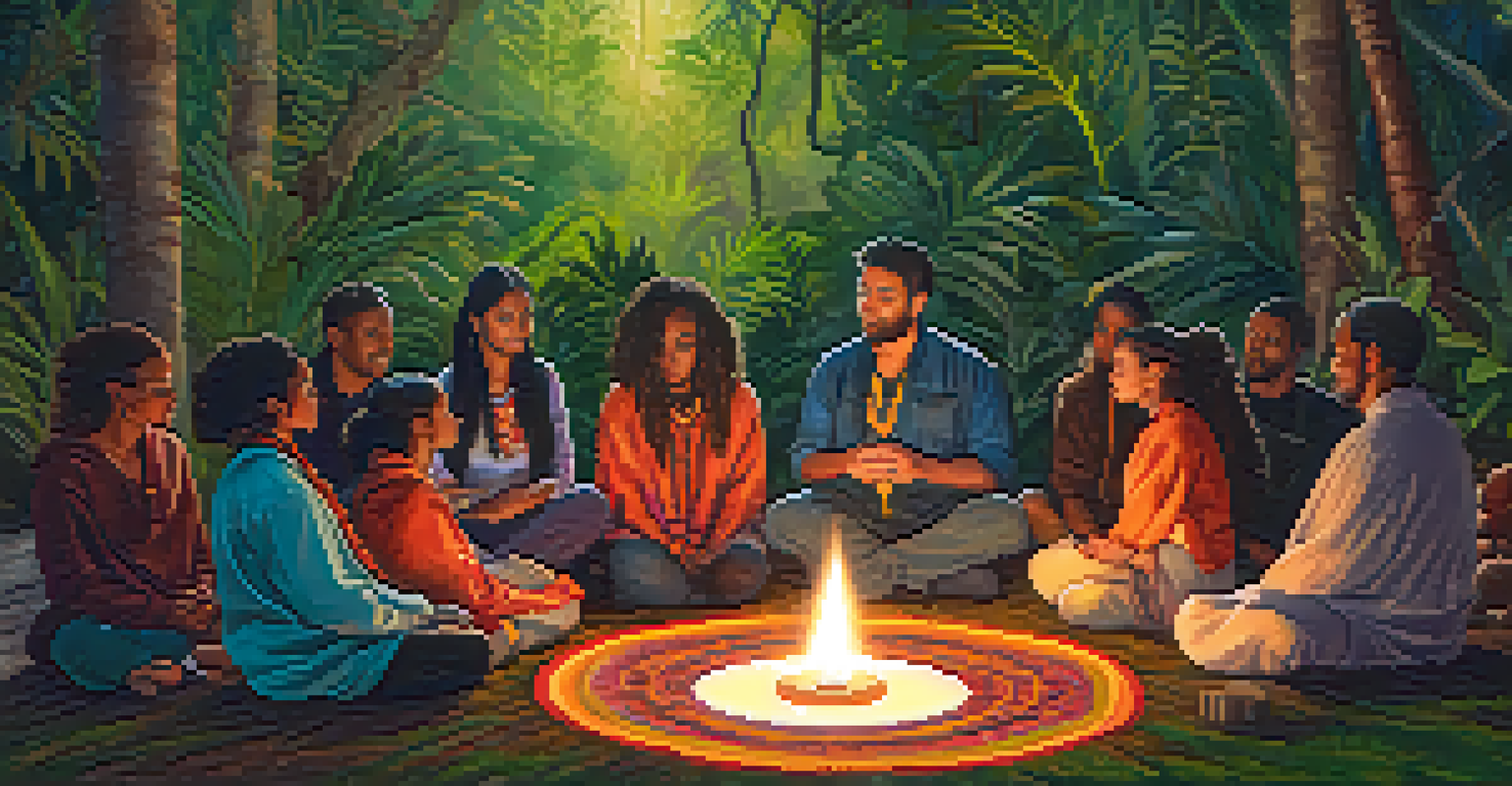 A diverse group of people sitting in a circle for an ayahuasca ceremony, surrounded by candles and greenery, conveying a sense of community and healing.