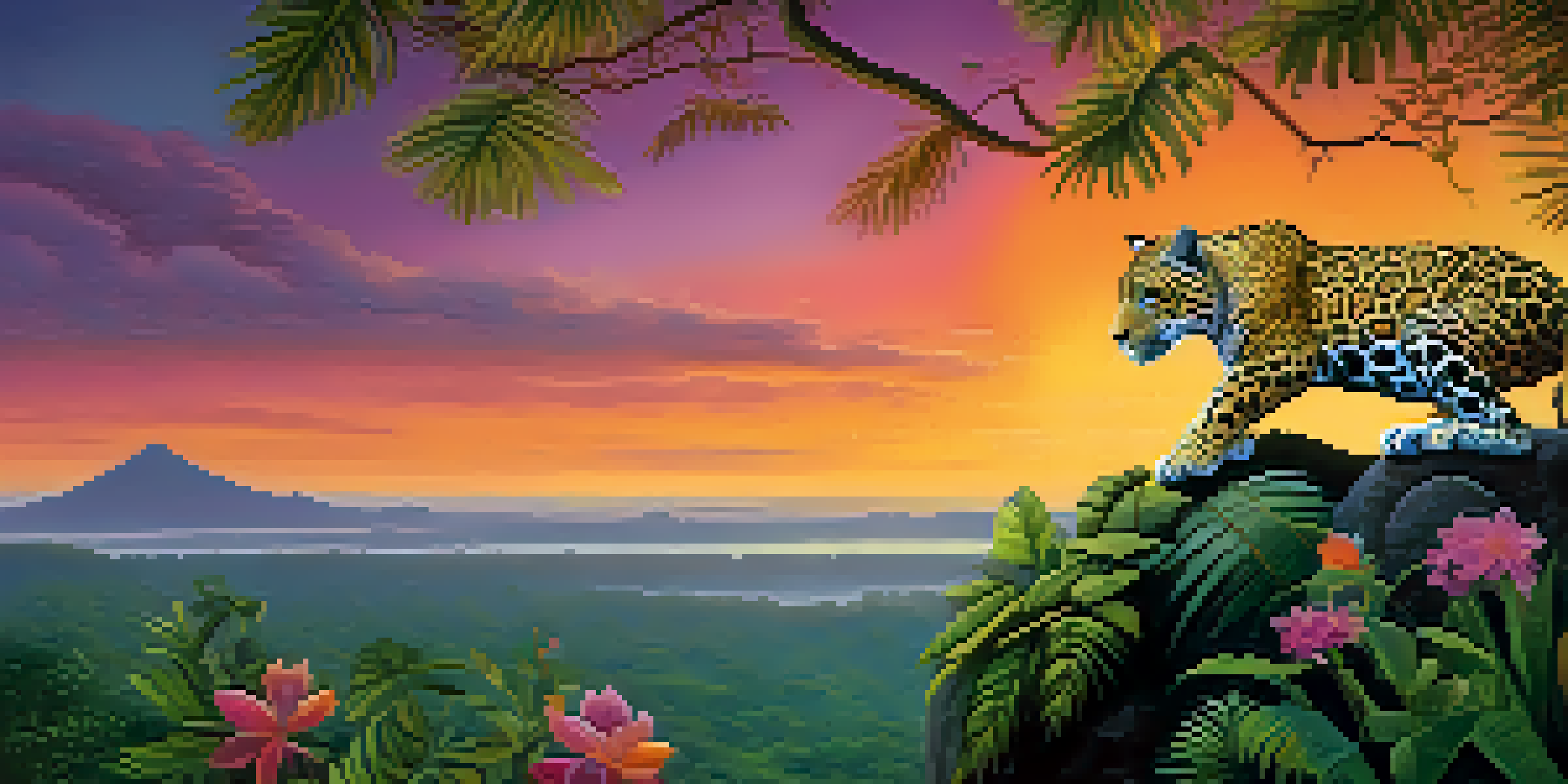 A peaceful Amazon rainforest at twilight with a jaguar resting on a rock, surrounded by lush foliage and glowing fireflies.