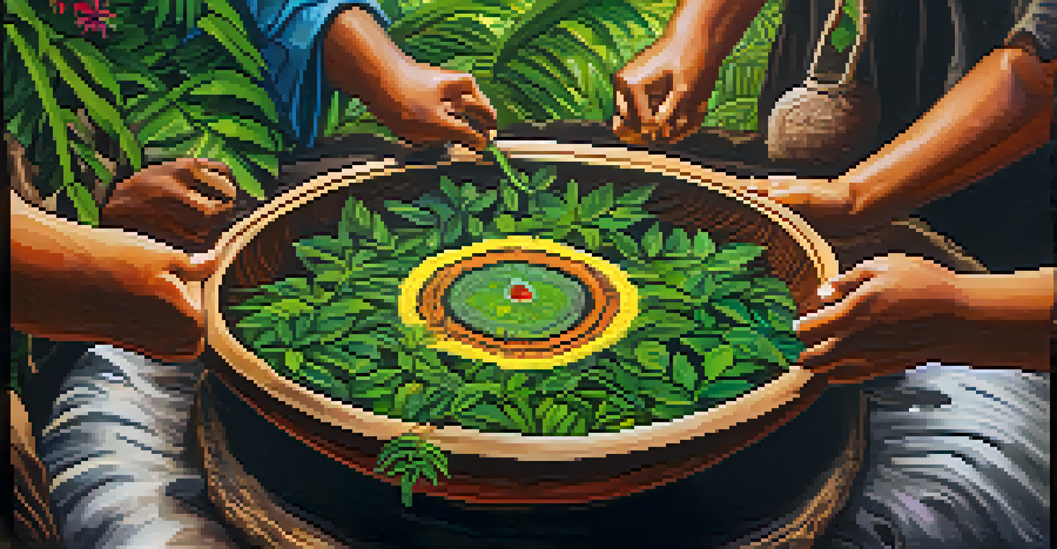 A close-up of Ayahuasca brew in a traditional bowl, surrounded by green leaves and colorful flowers, with participants blurred in the background.