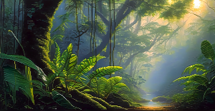 A peaceful Amazon rainforest at dawn with vines and leaves illuminated by soft golden light and gentle mist.