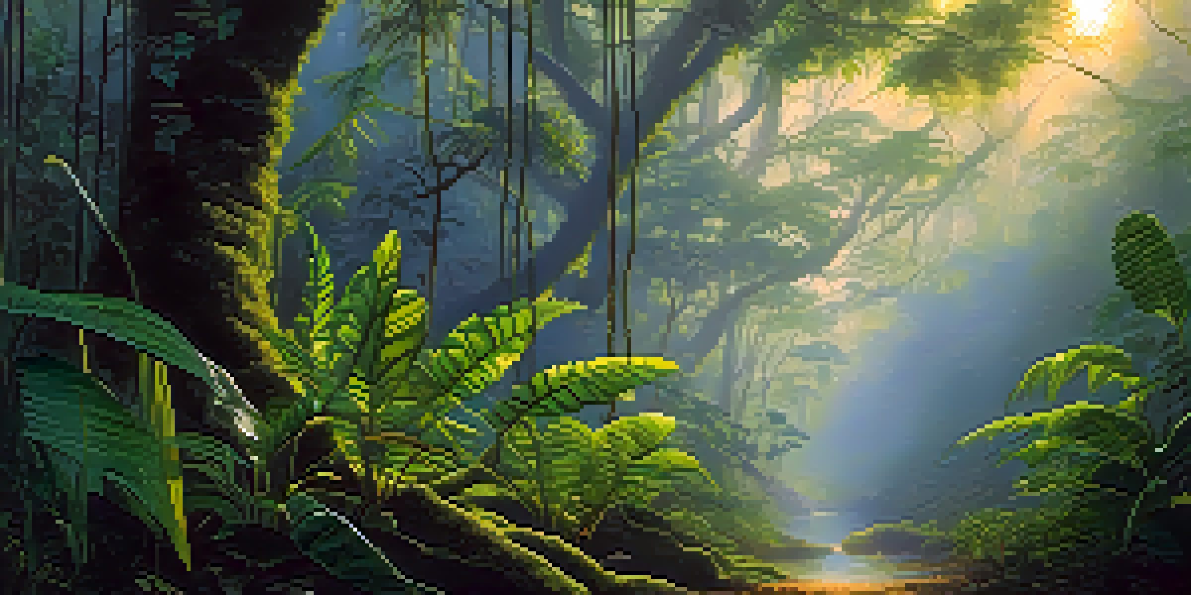 A peaceful Amazon rainforest at dawn with vines and leaves illuminated by soft golden light and gentle mist.
