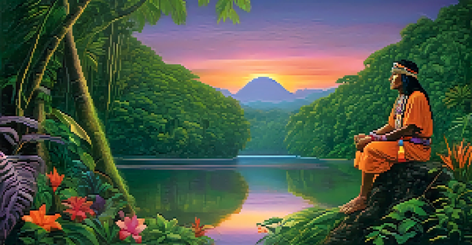 An indigenous shaman meditating by a river in the Amazon rainforest at sunset, surrounded by lush greenery and colorful flowers.