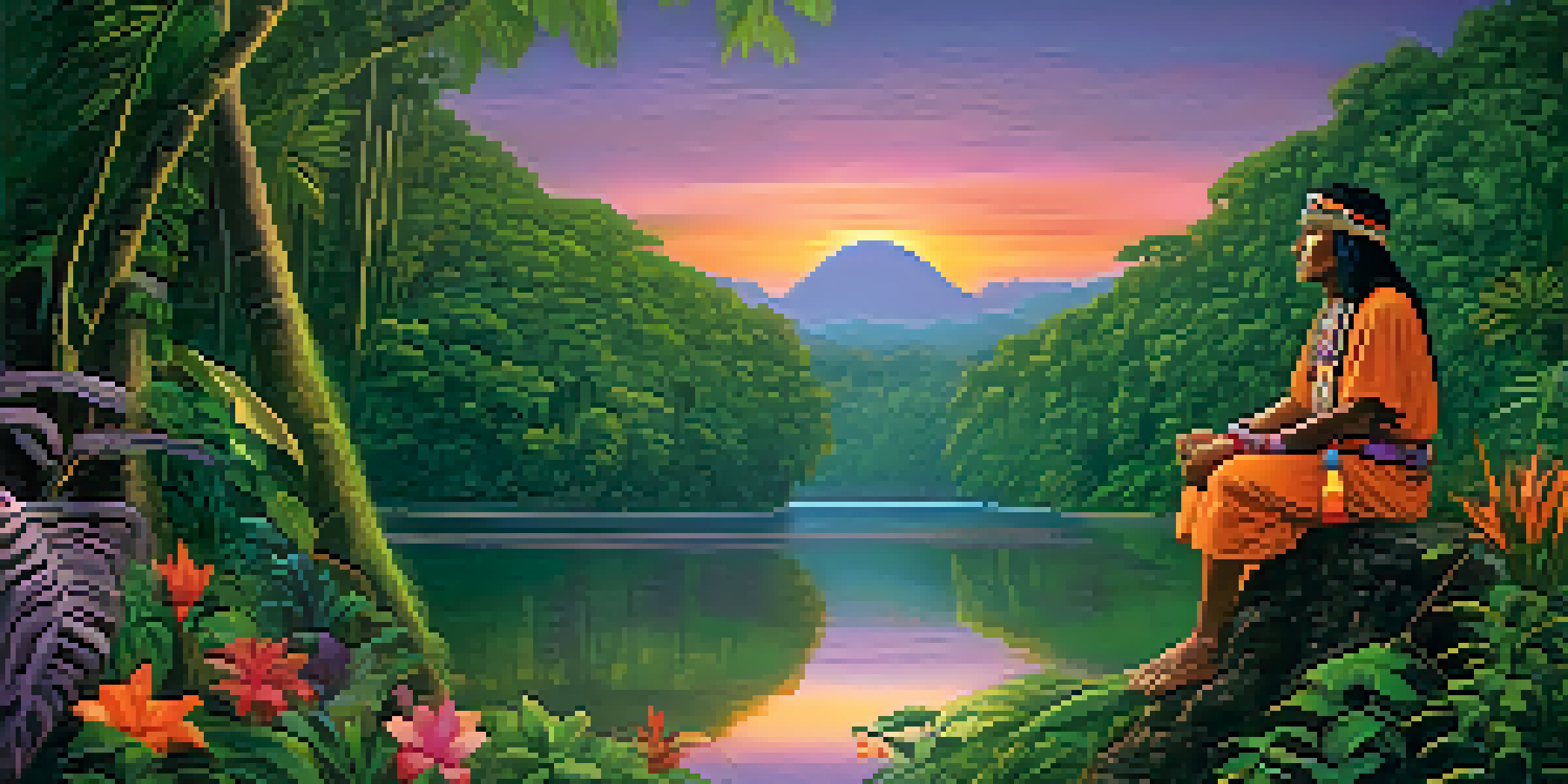 An indigenous shaman meditating by a river in the Amazon rainforest at sunset, surrounded by lush greenery and colorful flowers.