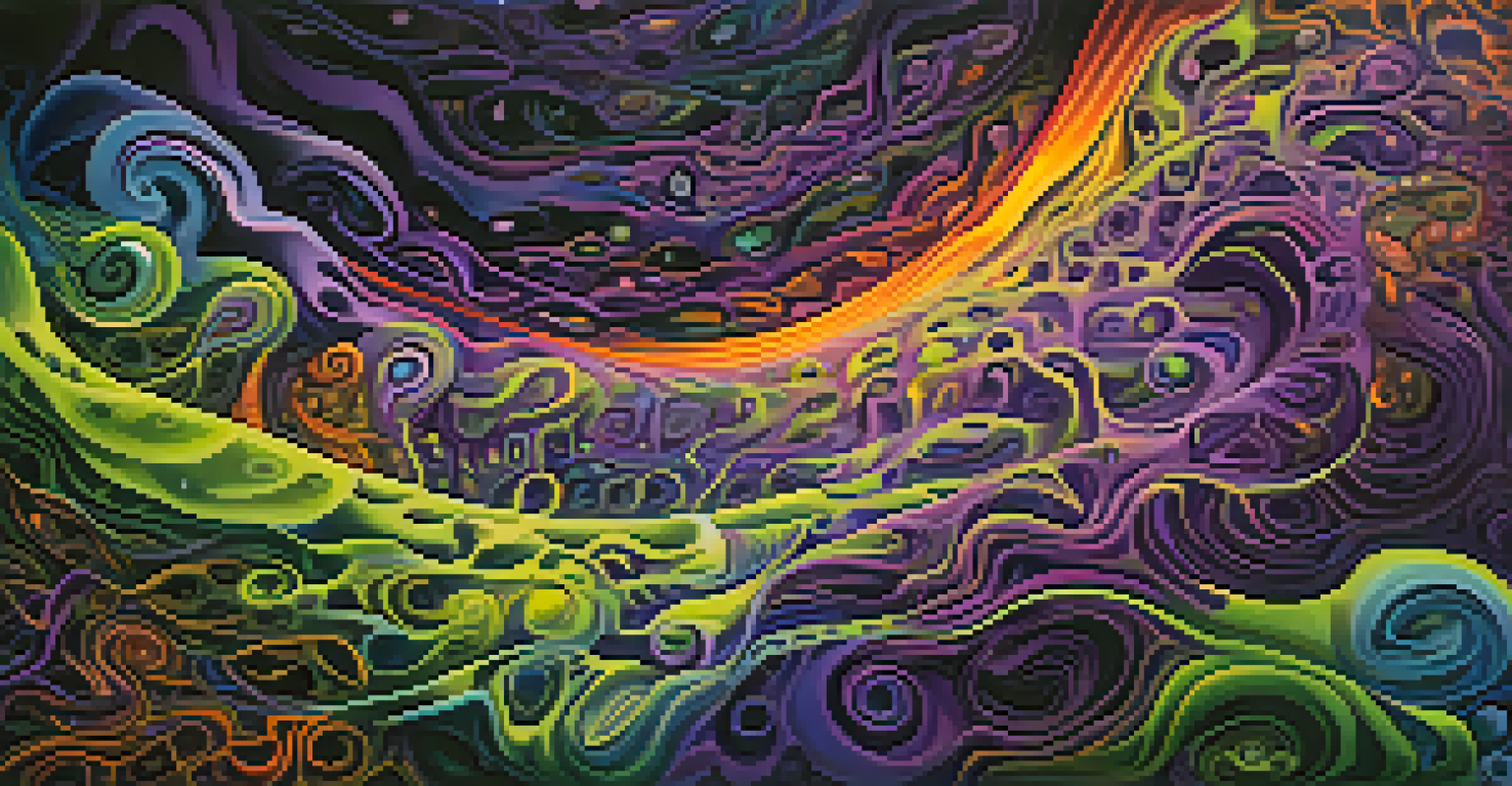 An abstract illustration of the Ayahuasca experience, showcasing vivid colors and flowing patterns representing brain activity and altered consciousness.