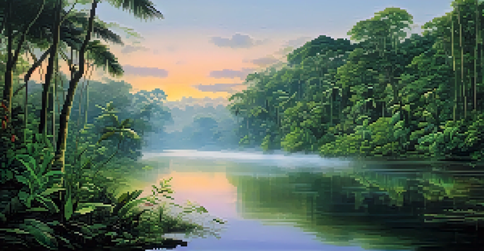A tranquil scene of the Amazon rainforest at dawn, featuring a reflective river and lush greenery.