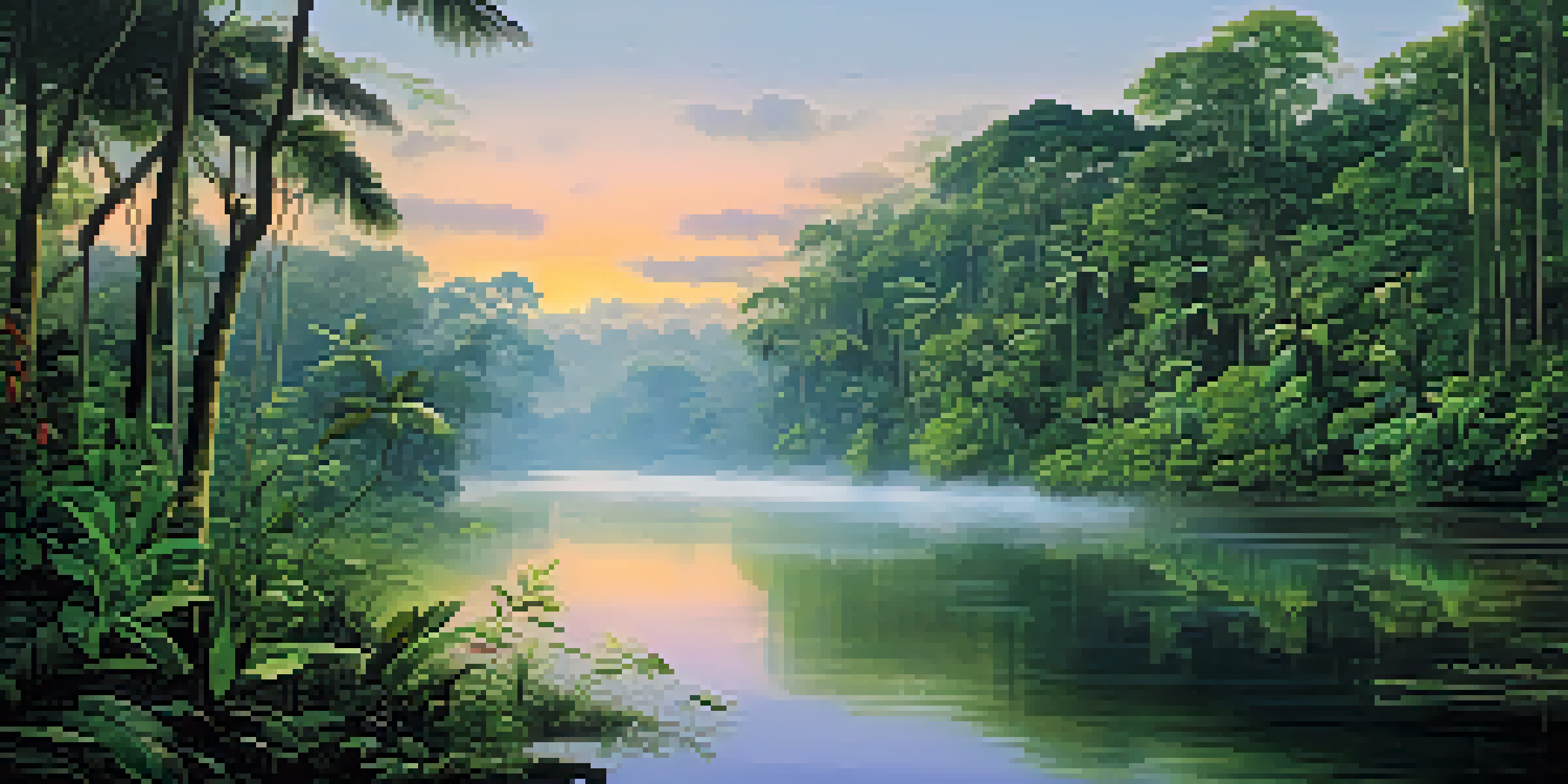 A tranquil scene of the Amazon rainforest at dawn, featuring a reflective river and lush greenery.