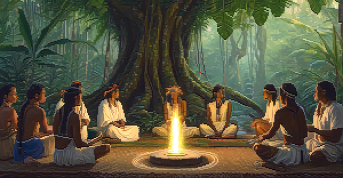 A peaceful gathering in the Amazon rainforest during an Ayahuasca ceremony, with participants in white clothing and a shaman leading the ritual.