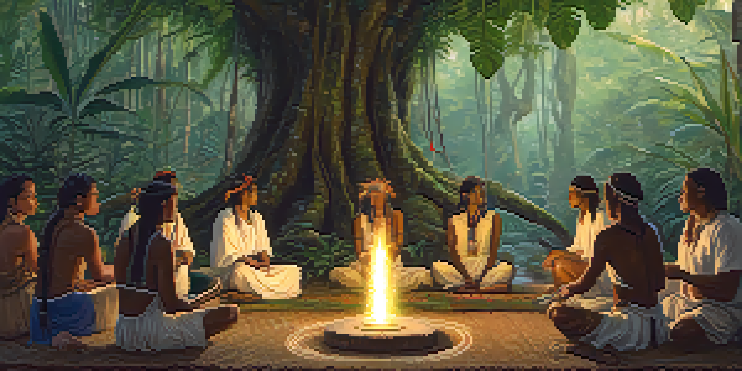 A peaceful gathering in the Amazon rainforest during an Ayahuasca ceremony, with participants in white clothing and a shaman leading the ritual.