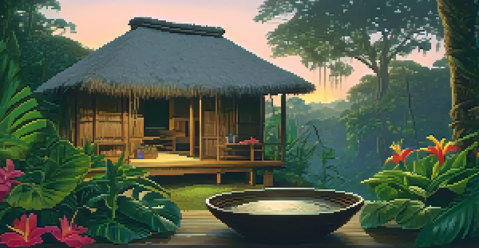 A peaceful scene in the Amazon rainforest with a traditional hut and a bowl of ayahuasca on a wooden table surrounded by lush greenery and flowers.