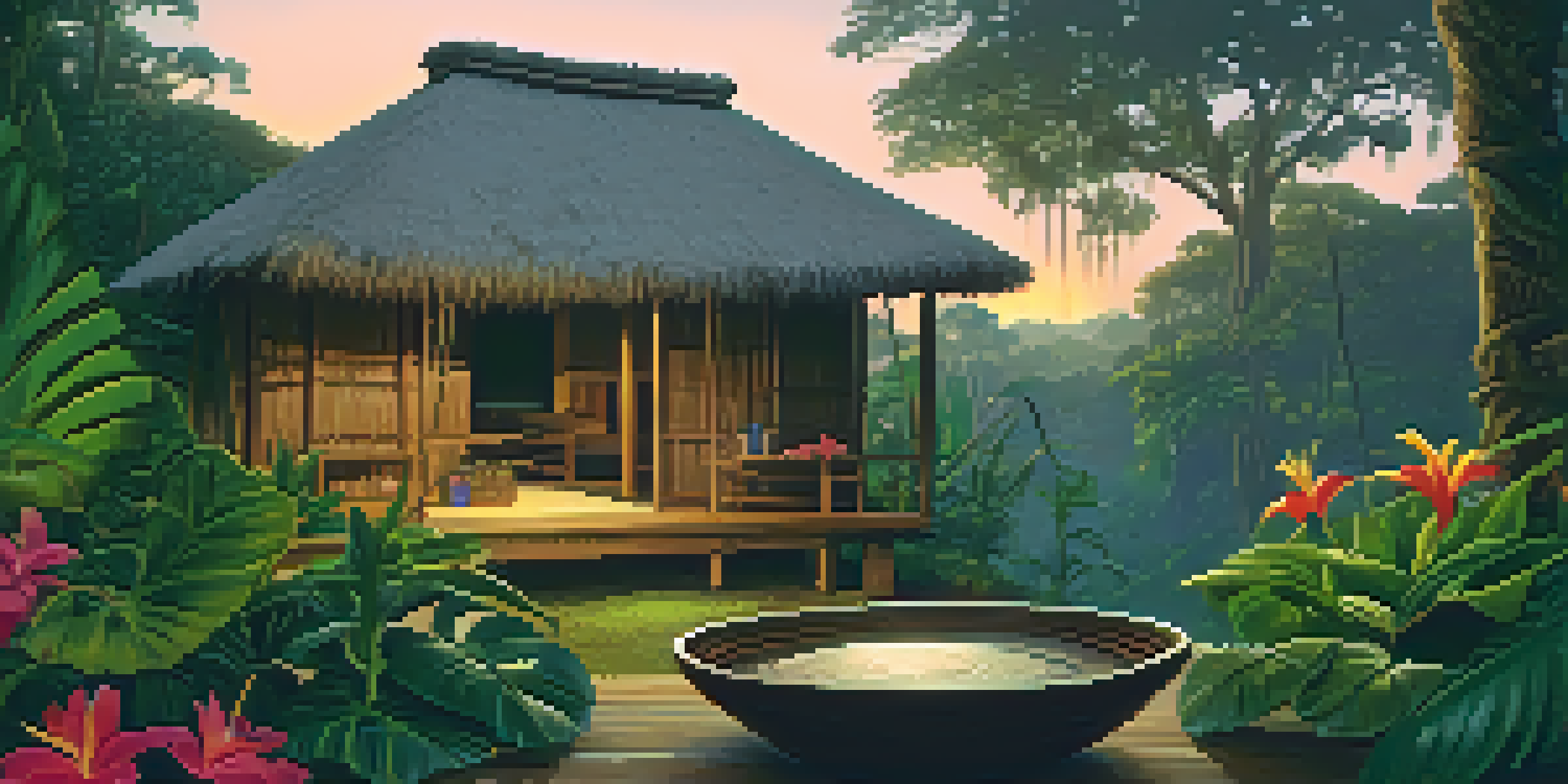 A peaceful scene in the Amazon rainforest with a traditional hut and a bowl of ayahuasca on a wooden table surrounded by lush greenery and flowers.