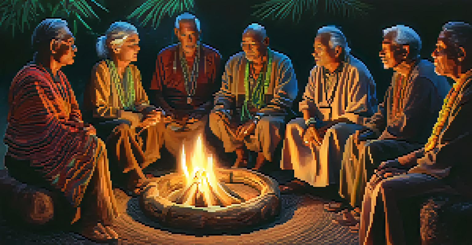 Elderly individuals in a circle during an ayahuasca ceremony, guided by a shaman, showcasing their expressions of introspection and connection.