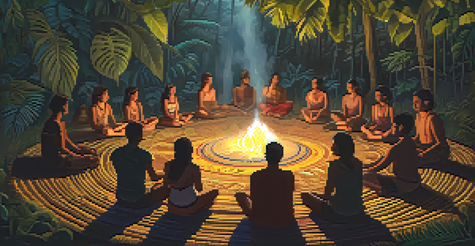 Participants sitting in a circle during an Ayahuasca ceremony in the Amazon rainforest, with candlelight illuminating their faces amidst lush greenery.