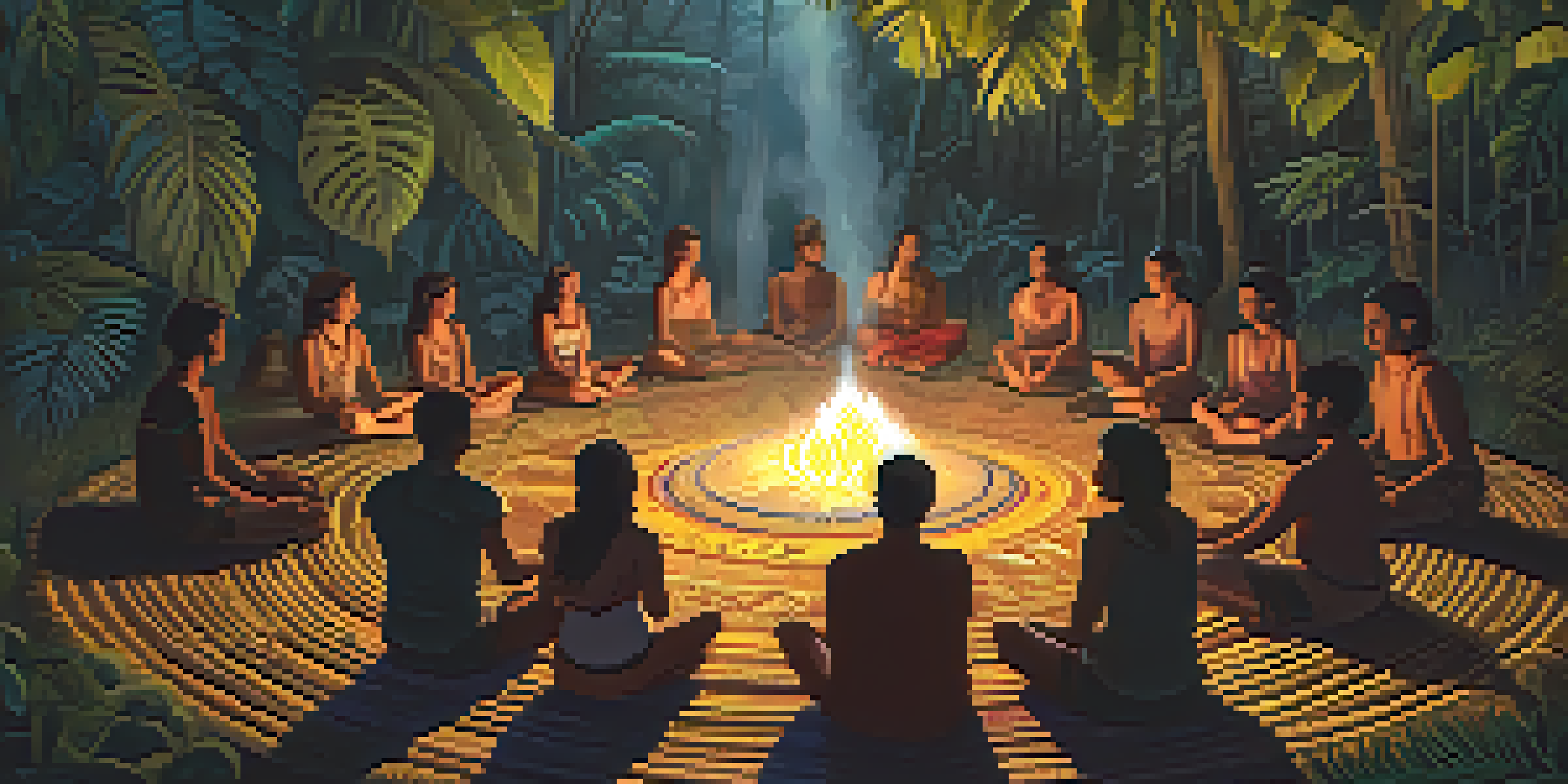 Participants sitting in a circle during an Ayahuasca ceremony in the Amazon rainforest, with candlelight illuminating their faces amidst lush greenery.