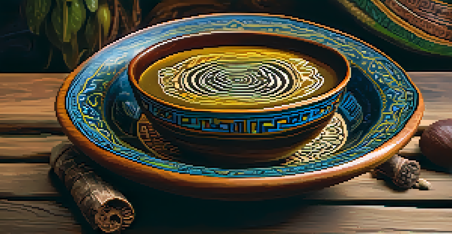 A close-up of a dark Ayahuasca brew in a decorative bowl on a wooden table, with steam rising and soft natural light illuminating the scene.