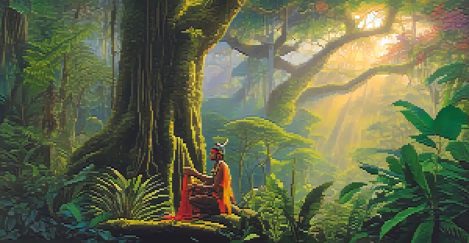 A peaceful Amazon rainforest at dawn, featuring a shaman preparing Ayahuasca surrounded by lush greenery and colorful flowers.