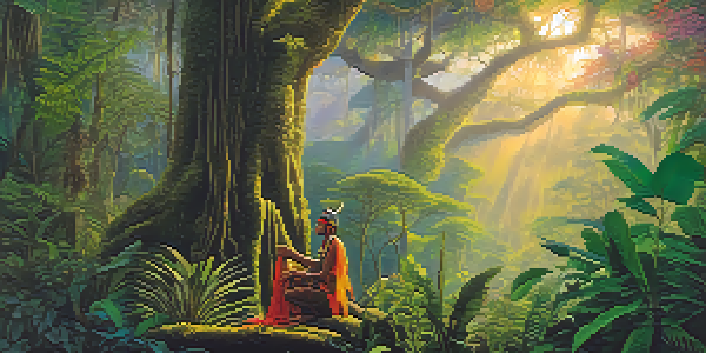 A peaceful Amazon rainforest at dawn, featuring a shaman preparing Ayahuasca surrounded by lush greenery and colorful flowers.