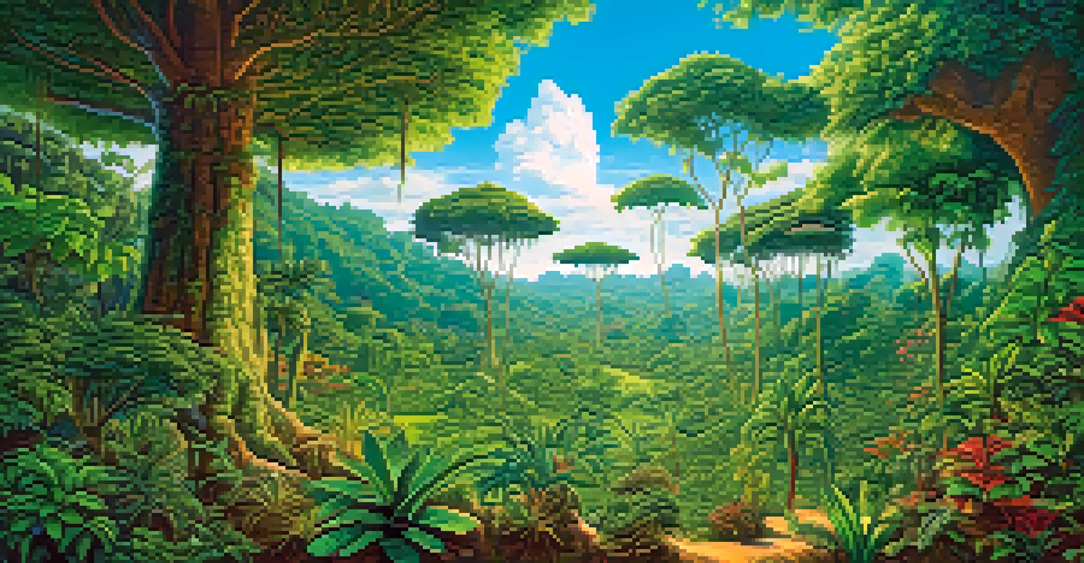 A modern agroforestry scene with sustainably grown ayahuasca plants among diverse flora and fauna under a clear blue sky.