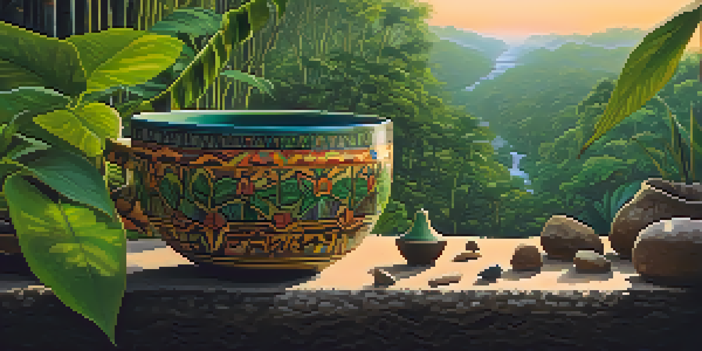 A peaceful Amazon rainforest scene with a cup of Ayahuasca brew surrounded by greenery and flowers, illuminated by warm golden light.