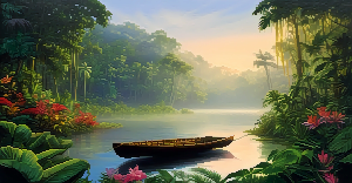A tranquil Amazon rainforest at dawn with mist, a wooden boat on a river, and vibrant tropical flowers.