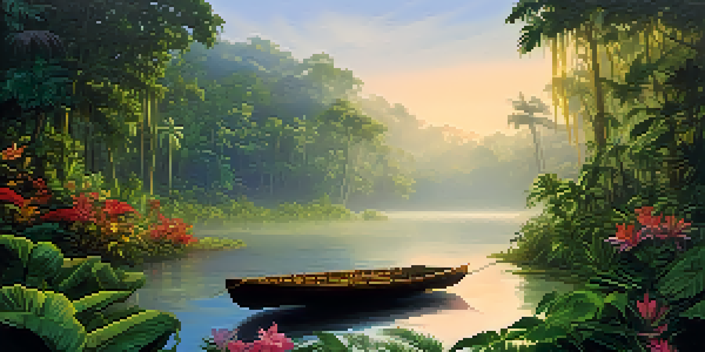 A tranquil Amazon rainforest at dawn with mist, a wooden boat on a river, and vibrant tropical flowers.