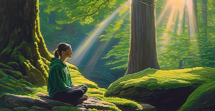A person practicing breathwork in a serene forest, surrounded by sunlight and greenery.