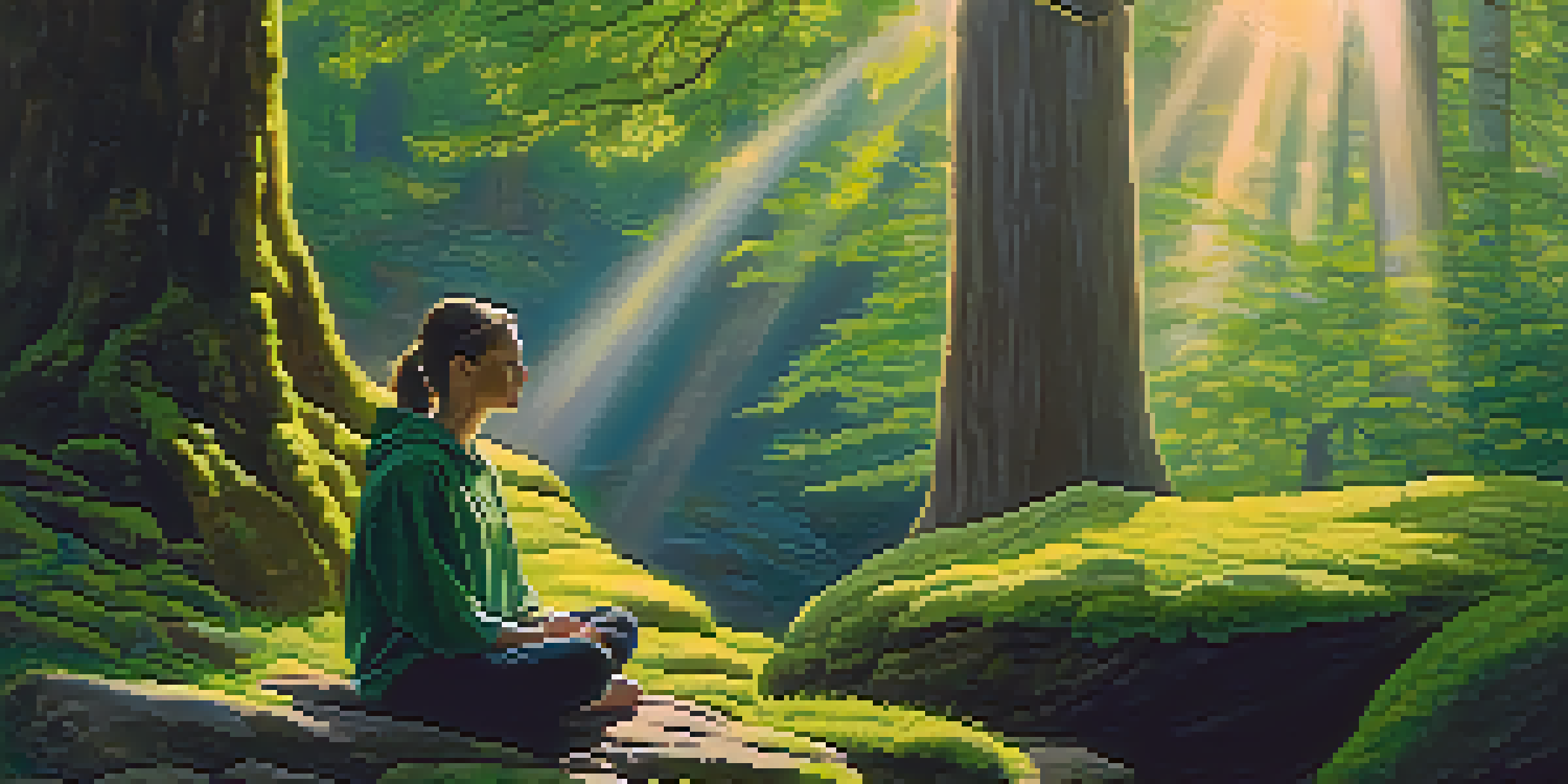 A person practicing breathwork in a serene forest, surrounded by sunlight and greenery.