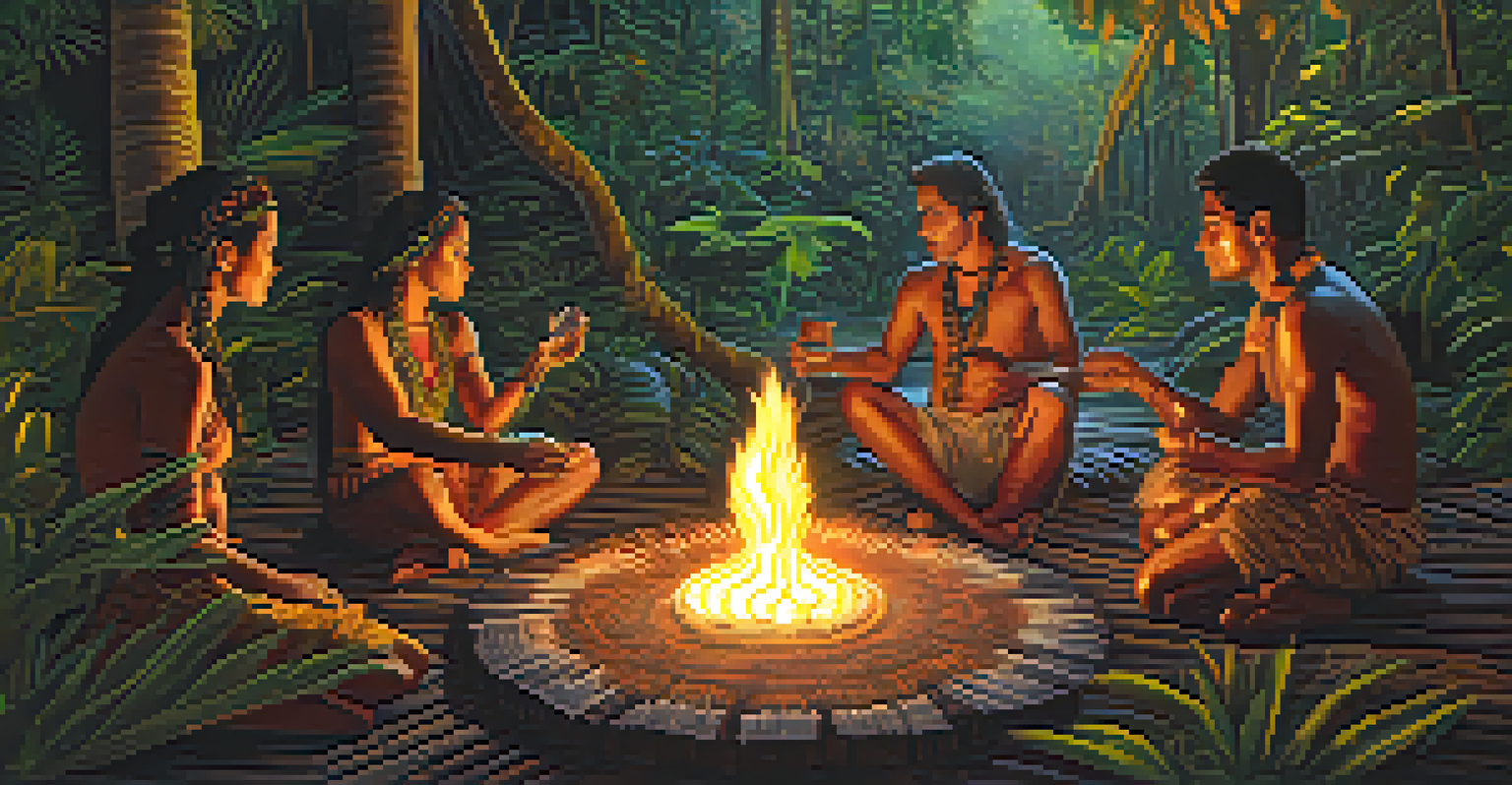An Ayahuasca ceremony with participants in a circle around a fire, illuminated by candlelight in a natural setting.