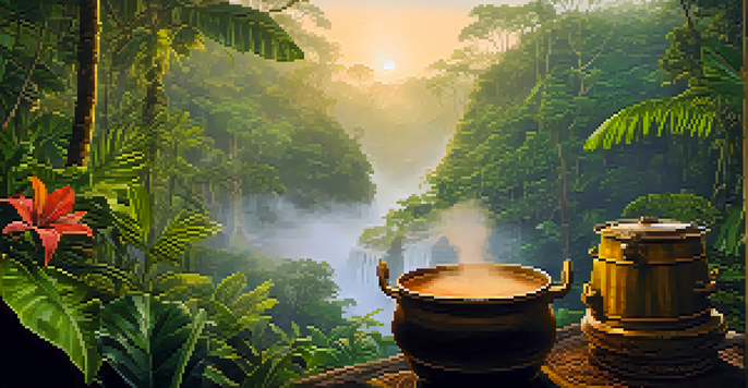 A tranquil Amazon rainforest at dawn, featuring a steaming pot of Ayahuasca brew surrounded by tropical flowers and mist rising from the ground.