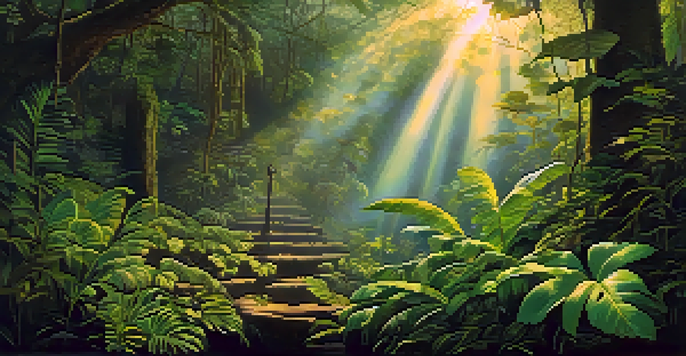 A peaceful Amazon rainforest at dawn with mist, showcasing the Banisteriopsis caapi vine and Psychotria viridis leaves, along with a small ceremonial altar.