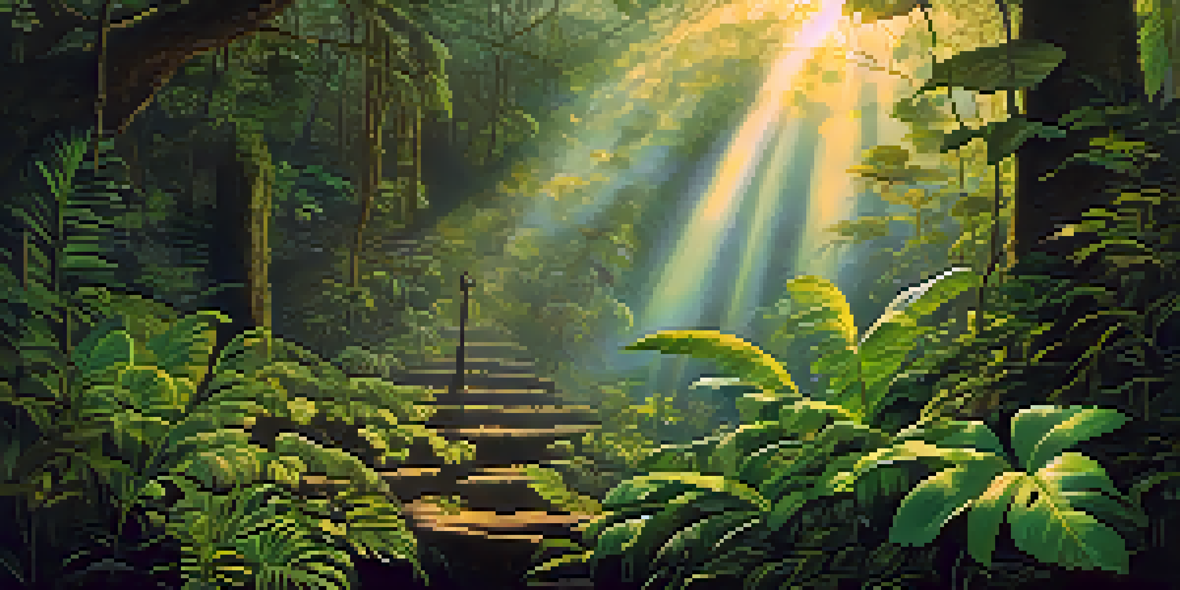 A peaceful Amazon rainforest at dawn with mist, showcasing the Banisteriopsis caapi vine and Psychotria viridis leaves, along with a small ceremonial altar.