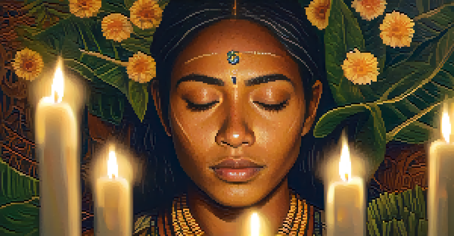 A close-up of a serene participant in an Ayahuasca ceremony, with soft candlelight illuminating their peaceful expression amid natural elements.