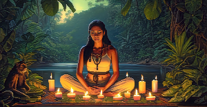 An elderly woman meditating in a tranquil Amazonian jungle with candles around her, representing peace and spirituality.