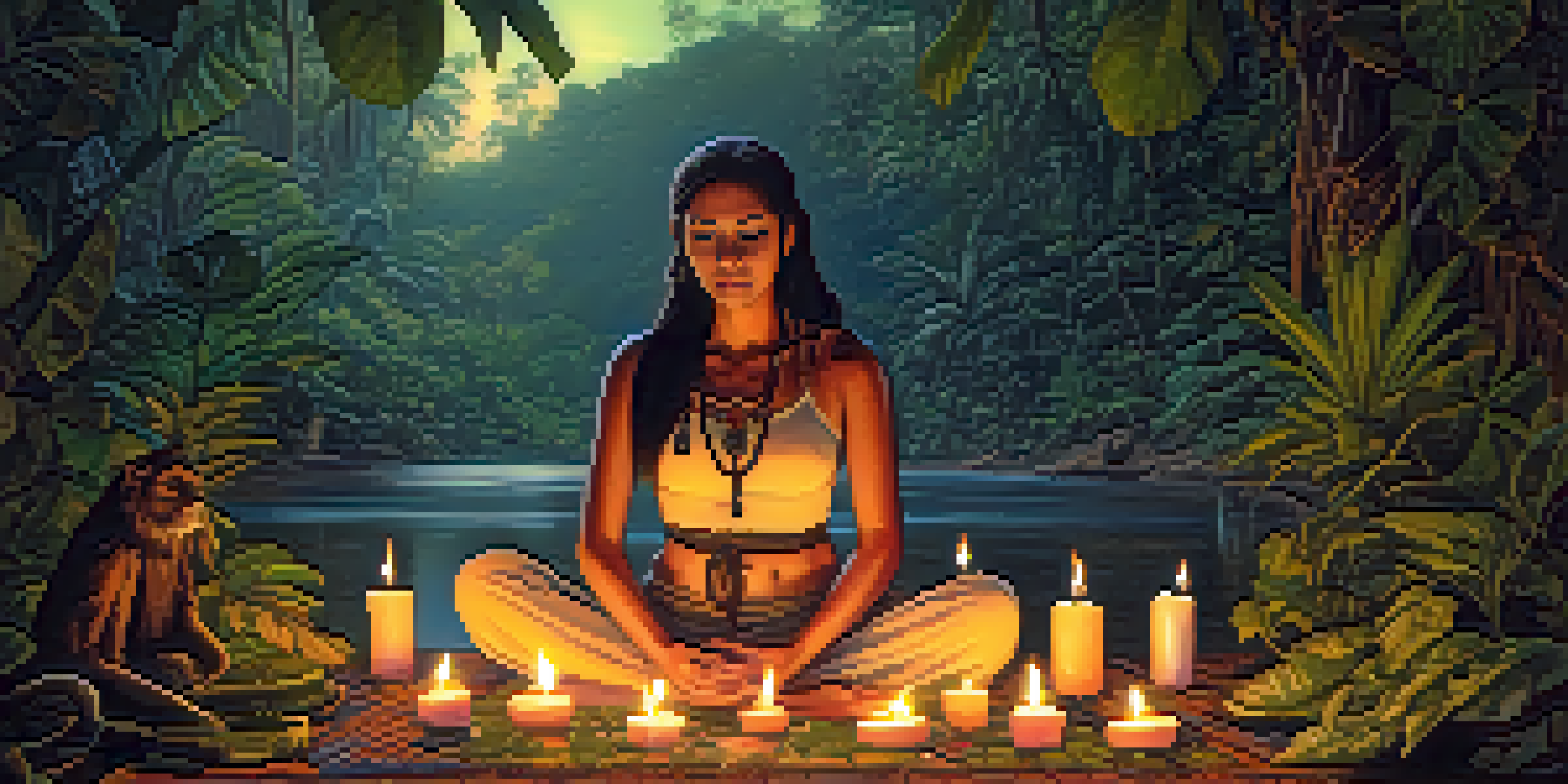 An elderly woman meditating in a tranquil Amazonian jungle with candles around her, representing peace and spirituality.
