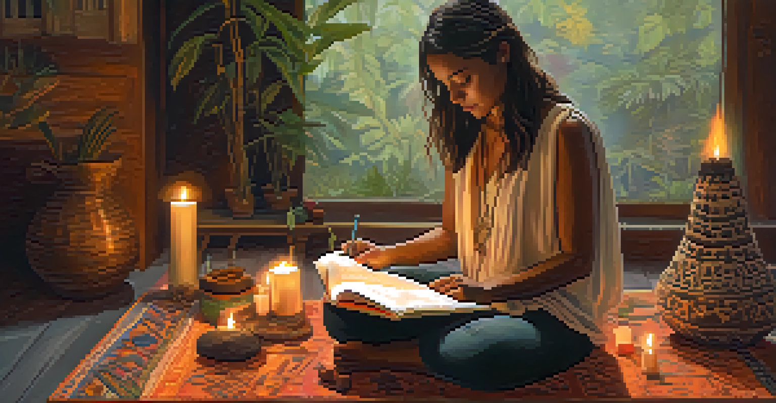 A person journaling their intentions before an Ayahuasca ceremony in a warm and cozy setting.
