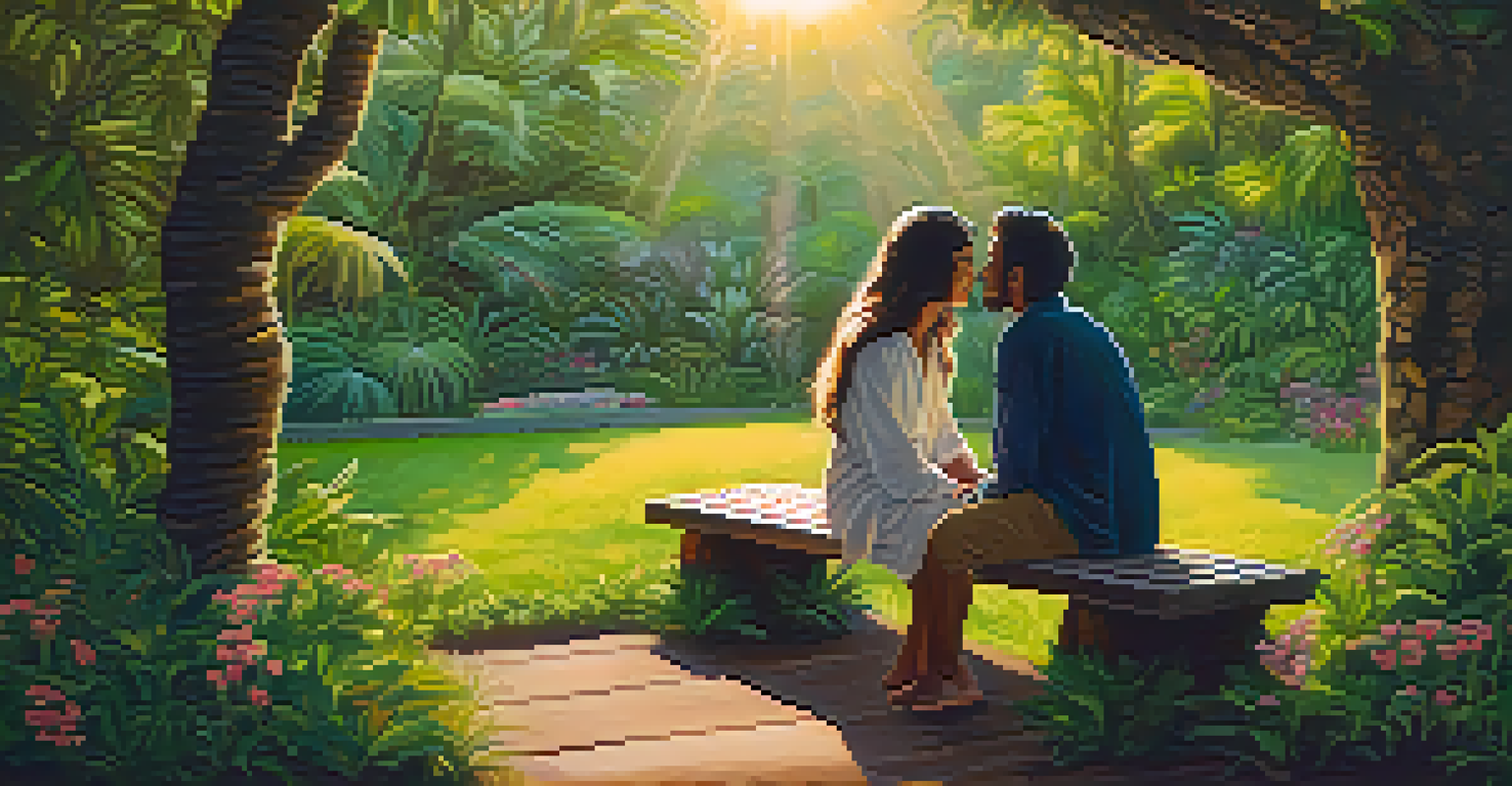 Two friends share a heartfelt moment in a tranquil garden after an Ayahuasca ceremony, surrounded by greenery and warm sunset light.