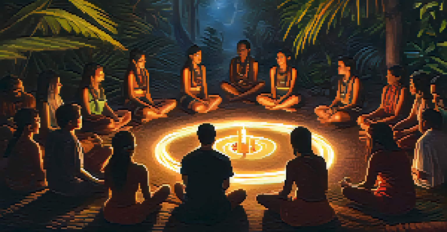A group of people in a circle participating in a peaceful Ayahuasca ceremony surrounded by nature.