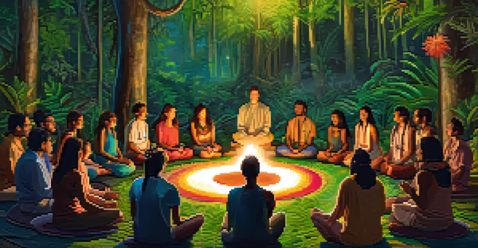 A serene jungle setting for an ayahuasca ceremony, with participants seated on mats, soft lighting, and facilitators guiding the experience.