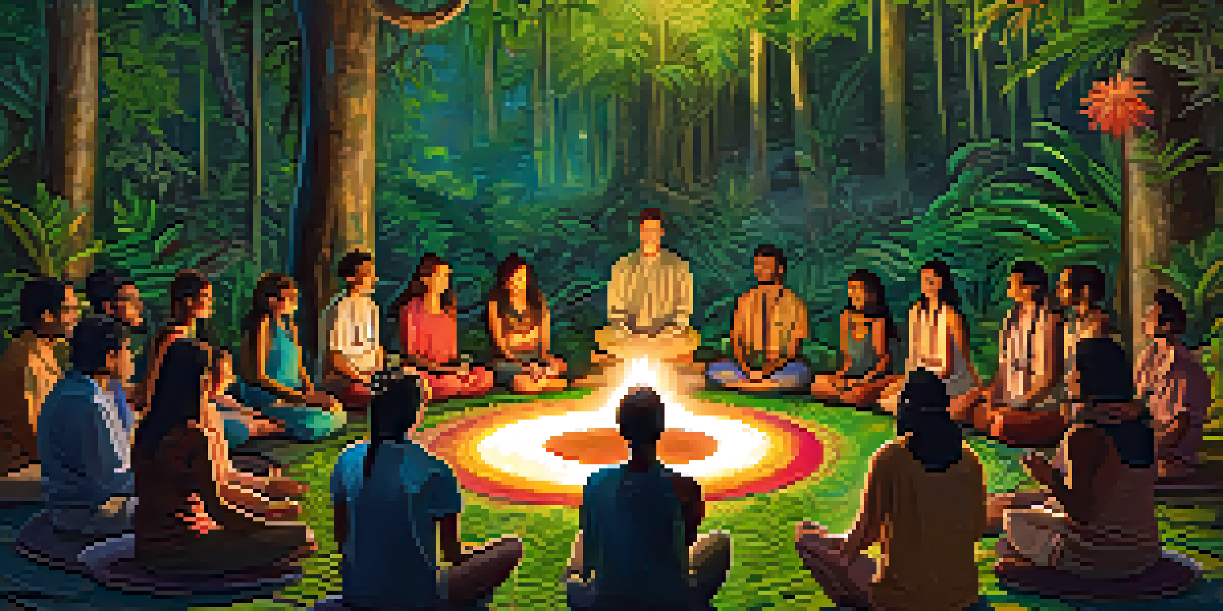 A serene jungle setting for an ayahuasca ceremony, with participants seated on mats, soft lighting, and facilitators guiding the experience.