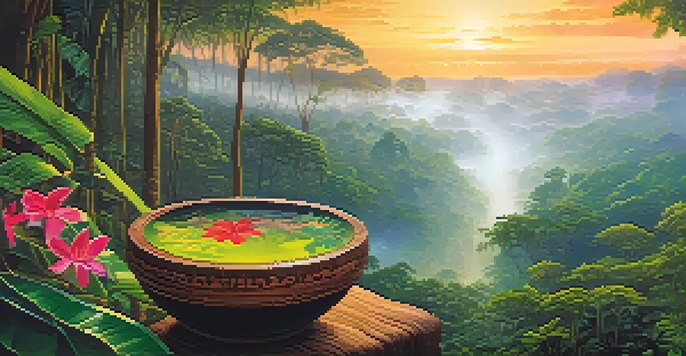 A peaceful Amazon rainforest at dawn with mist, featuring a traditional ayahuasca brew in a wooden bowl surrounded by tropical flowers.