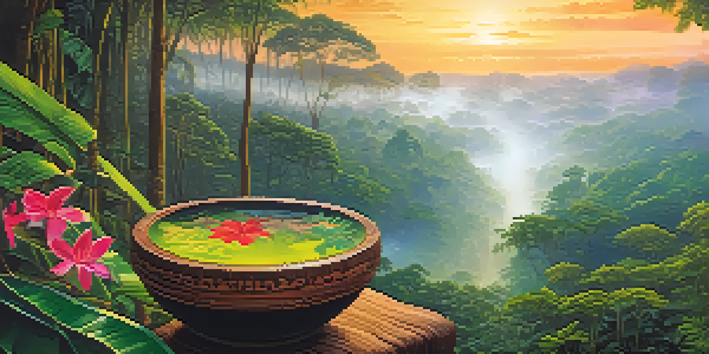 A peaceful Amazon rainforest at dawn with mist, featuring a traditional ayahuasca brew in a wooden bowl surrounded by tropical flowers.