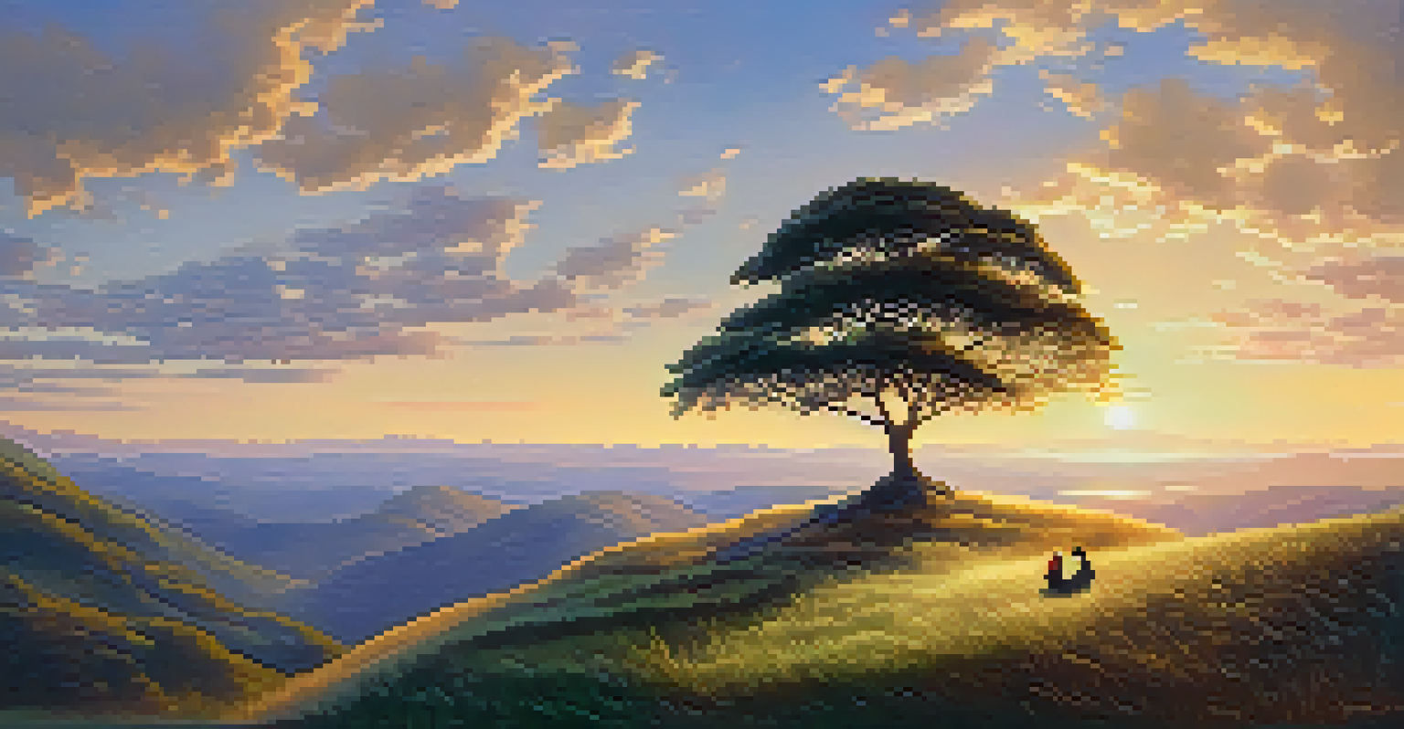 A person sitting on a hilltop at sunrise, looking out over a valley, surrounded by lush flora, symbolizing self-discovery and healing.