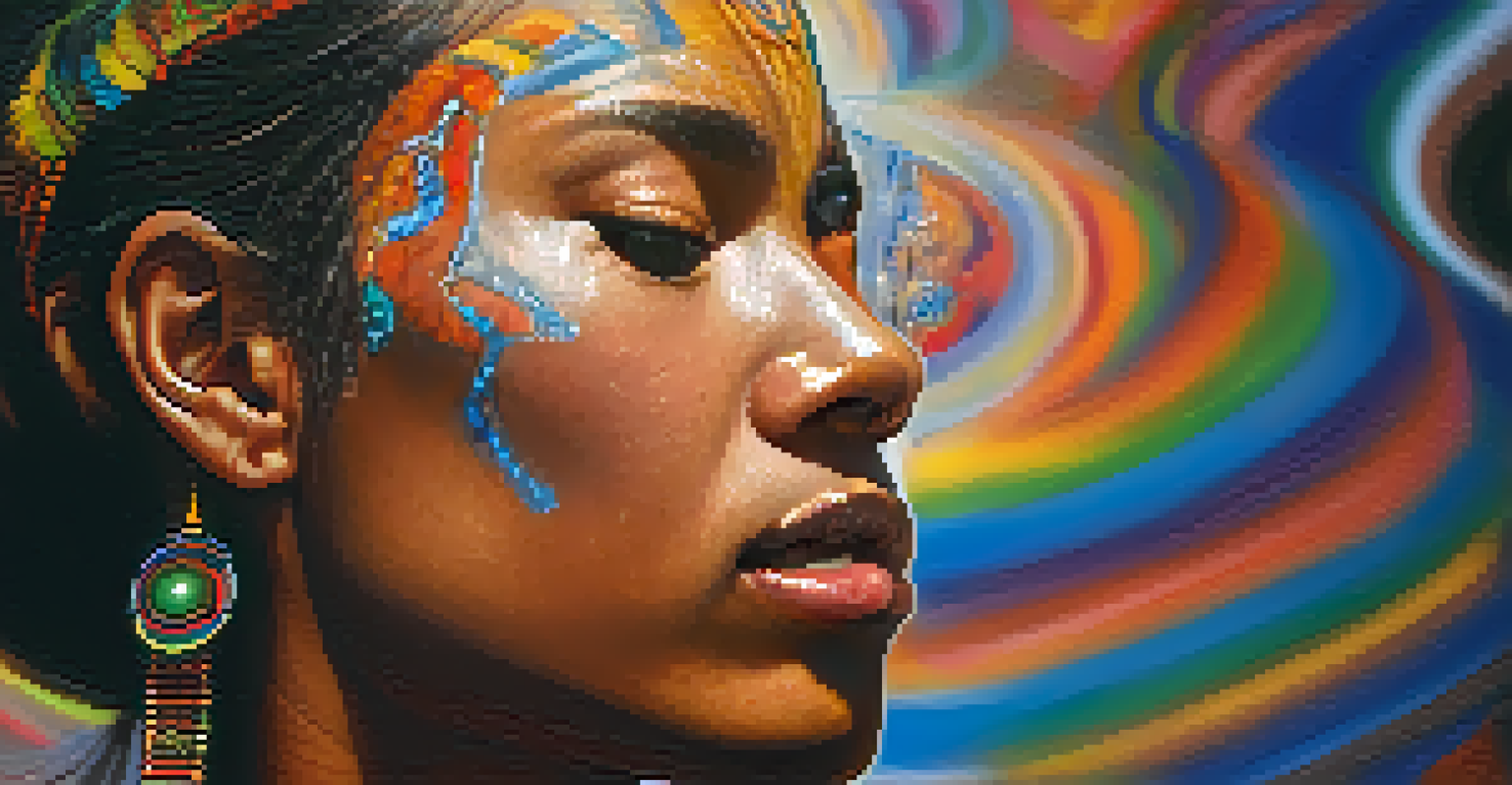 A close-up of a serene participant in an ayahuasca ceremony, with colorful light patterns on their face, creating an intimate atmosphere.