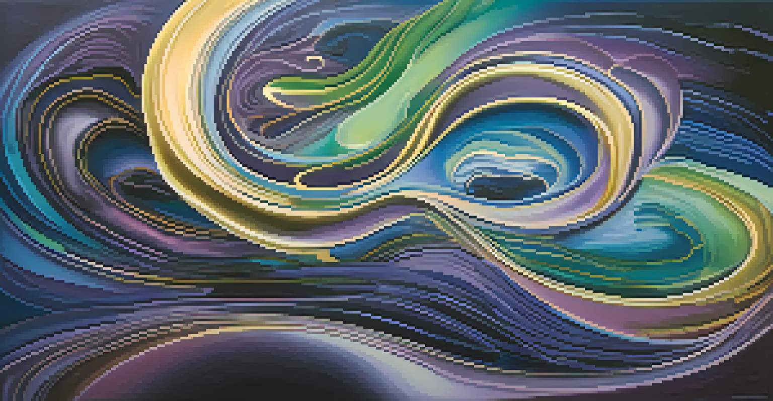 An abstract image representing a mind journey, with swirling colors and shapes in deep blues, purples, greens, and golds to convey transformation and introspection.