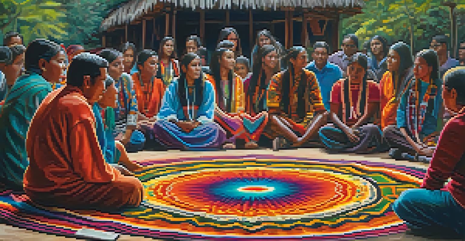 A colorful ceremonial blanket with indigenous patterns, surrounded by blurred participants in a circle during an Ayahuasca ceremony.