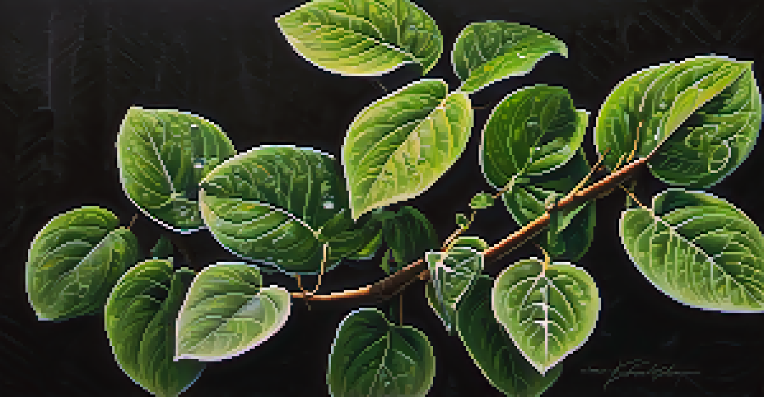A close-up view of the Banisteriopsis caapi vine and Psychotria viridis leaves, showcasing their intricate details and vibrant colors against a dark background.