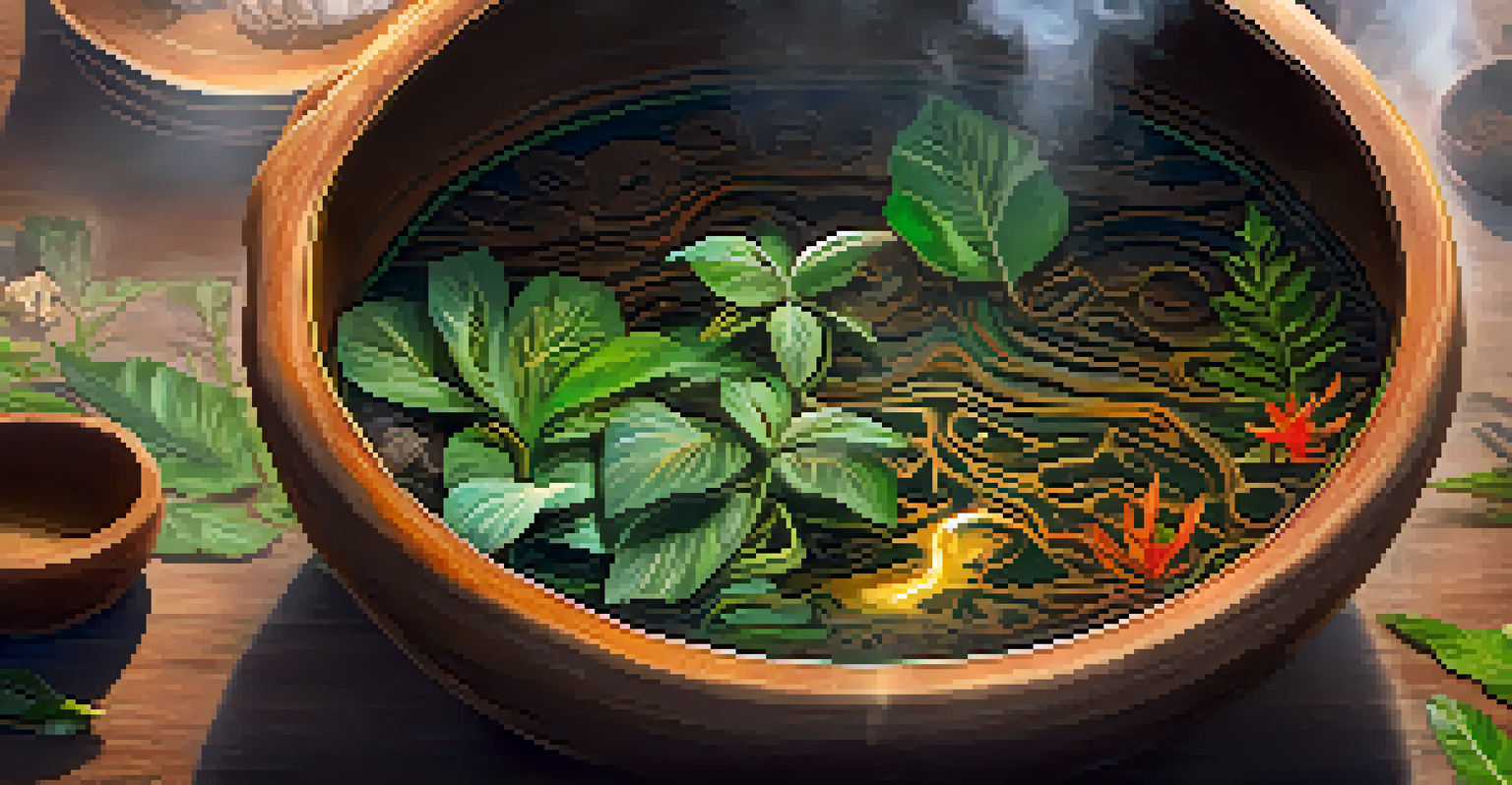 A close-up of Ayahuasca brew in a rustic bowl, surrounded by Amazonian plants with steam rising from the liquid.