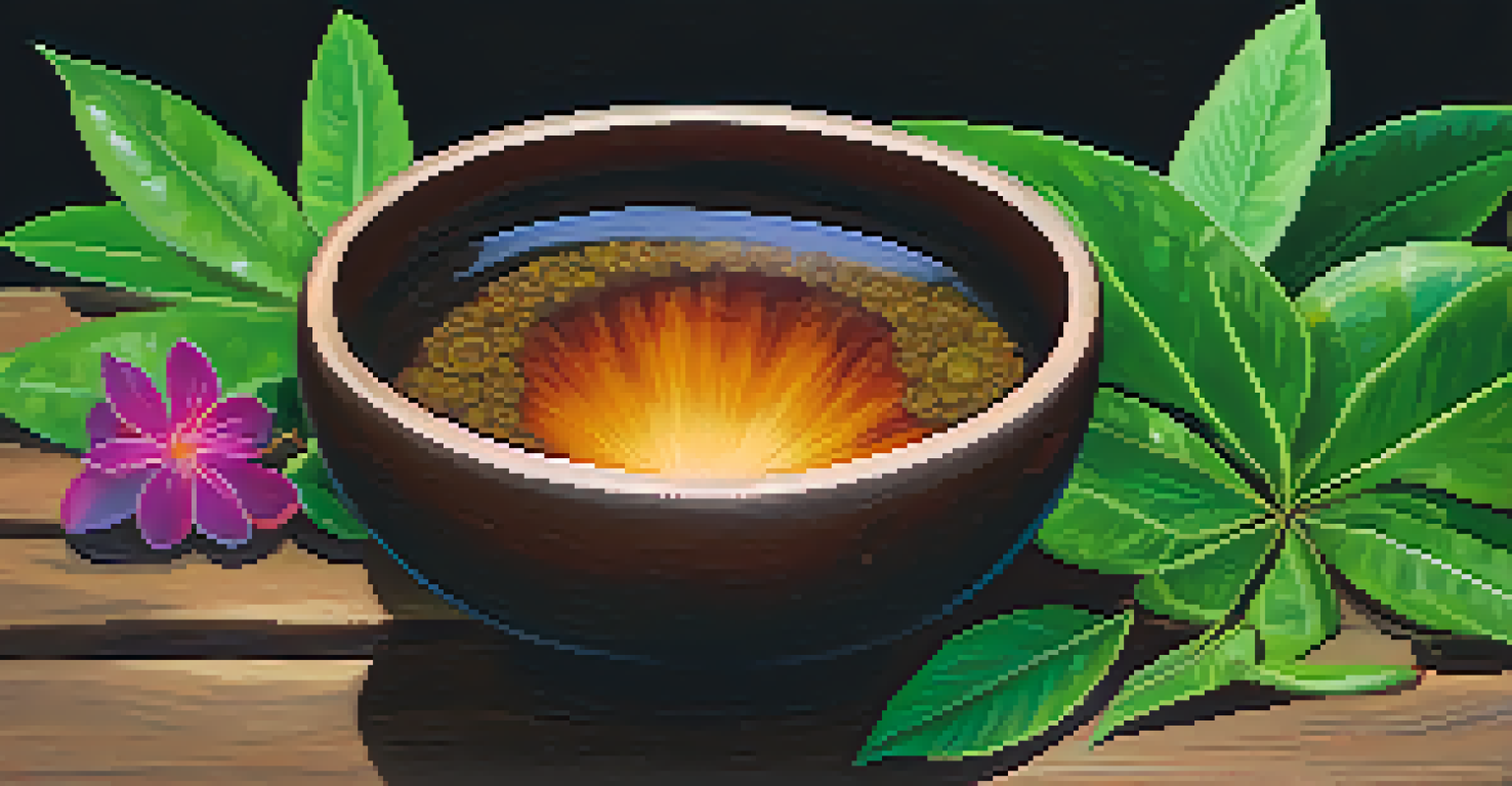 A close-up of Ayahuasca brew in a rustic clay bowl on a wooden table surrounded by green leaves and flowers.
